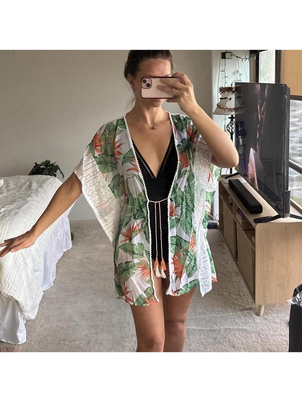 Mike and Chris Tropical Print Swim Cover Up with Lace Detail Small
